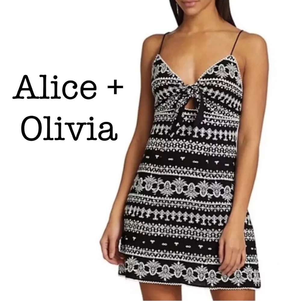 Alice + Olivia Roe Black Embroidered Tie Mini Dress Size 14